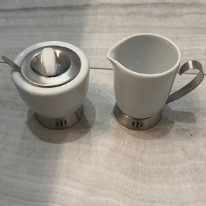 Modern White Sugar Bowl and Creamer Set with Silver Accents